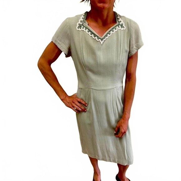 Vintage Dresses & Skirts - 1940s Vintage Green Handmade Cotton Blend Cocktail Dress